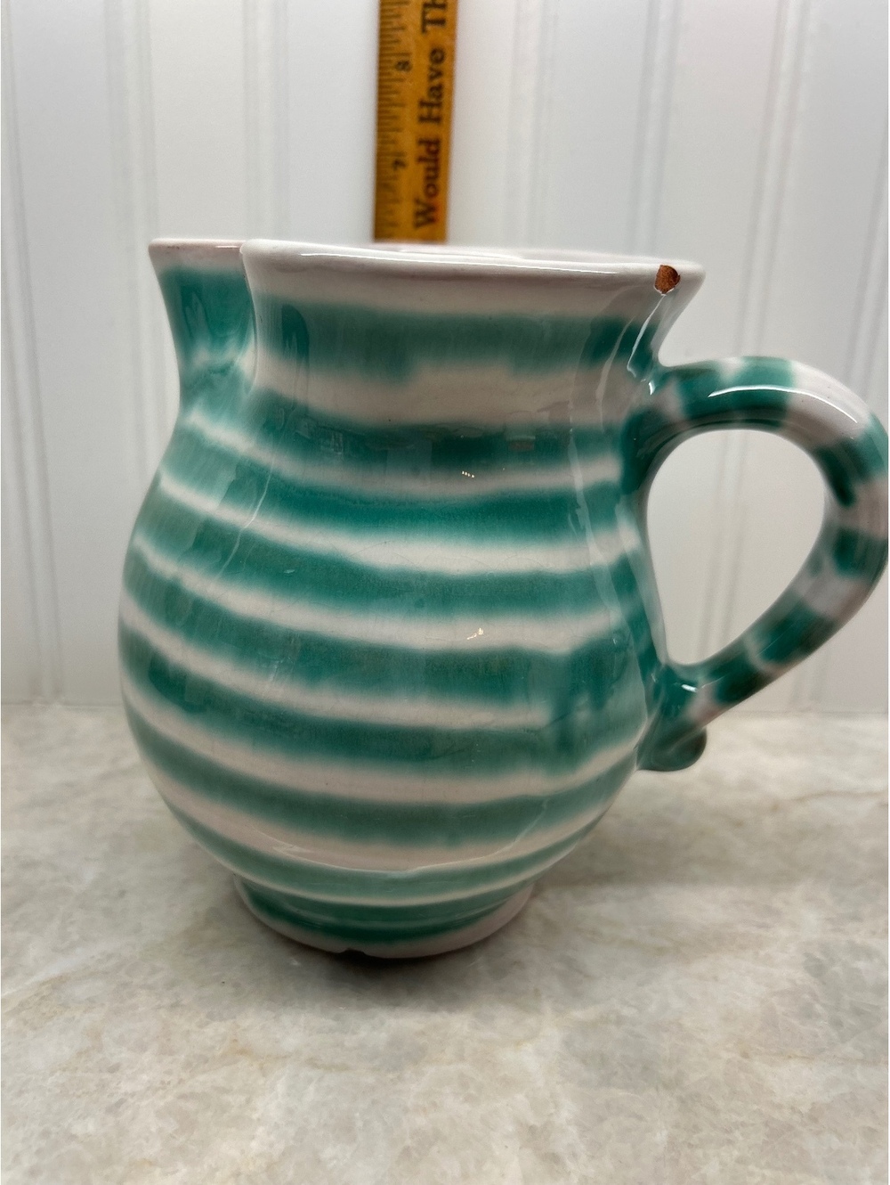 E、 8 sites : Vintage Gmundner Keramik Austrian Pitcher - Green Flamed Stripe